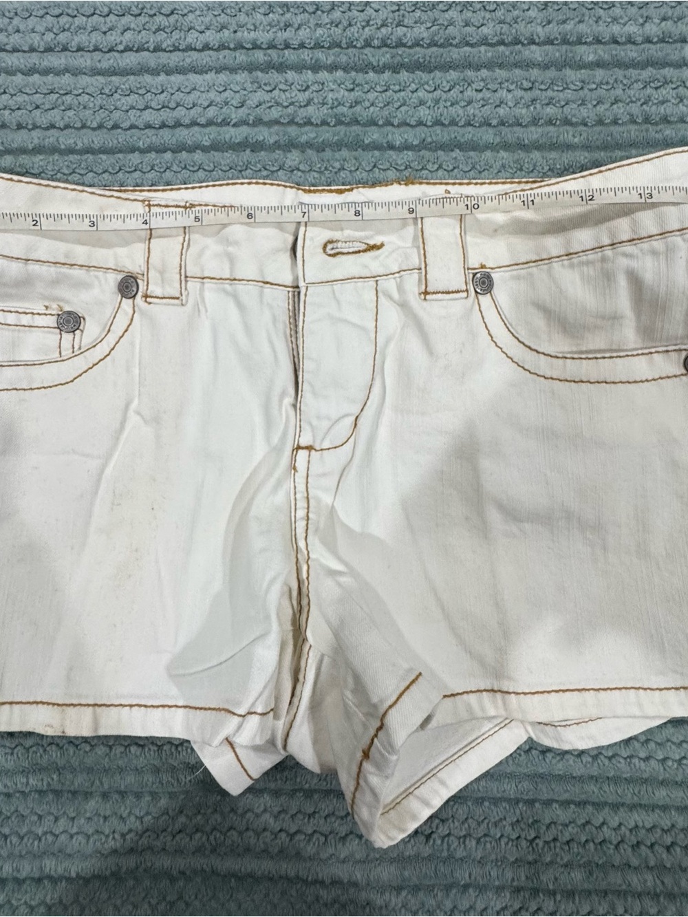 No Boundaries White Women's Denim Cutoff Shorts with Tan Stitching